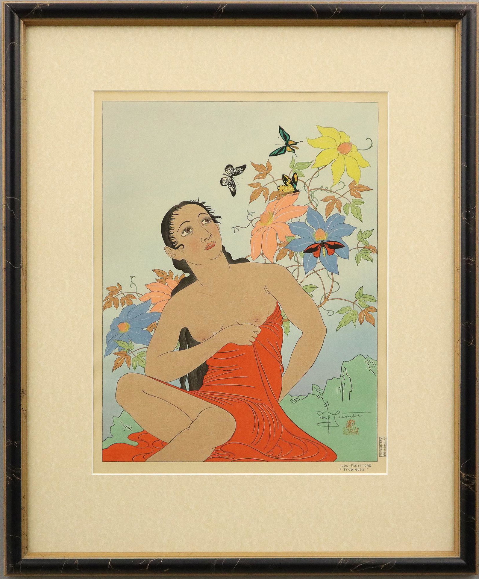 Paul Jacoulet Woodblock: Paul Jacoulet, French, 1902-1960. Woodblock in colors entitled "Les Papillons Tropiques" (Miles 61). Pencil signed lower right with "Boat" seal in red. Slight fading, not examined out of the frame. Im