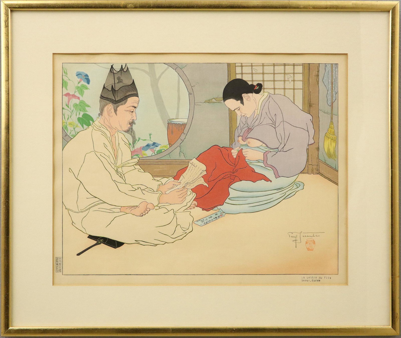 Paul Jacoulet Woodblock: Paul Jacoulet, French, 1902-1960. Woodblock in colors entitled "La Lettre Du Fils. Seoul, Coree'' (Miles 49). Pencil signed lower right with "Tea jar" seal in red. Some fading, toning at mat edges, no