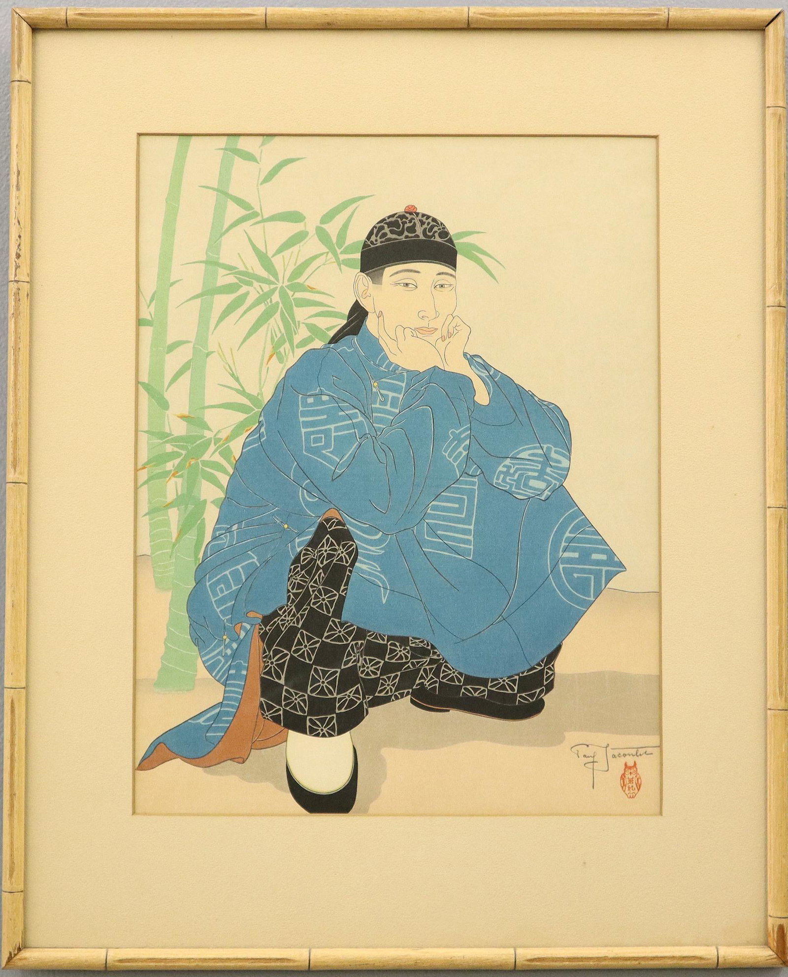 Paul Jacoulet Woodblock: Paul Jacoulet, French, 1902-1960. Woodblock in colors entitled ''L'Homme Accroupi" (Miles 88). Pencil signed lower right with "Owl" seal in red. Some fading, not examined out of the frame, edges not v