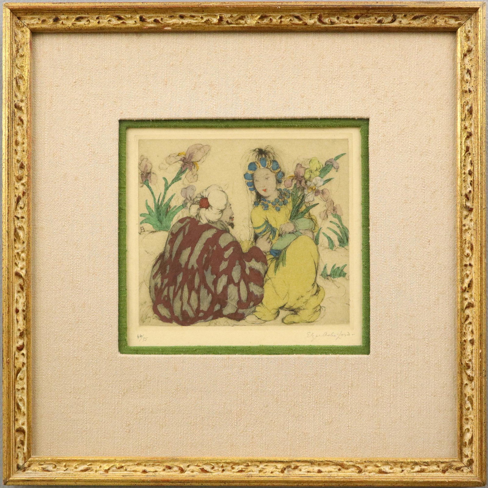 Elyse Ashe Lord Drypoint: Elyse Ashe Lord, British, 1900-1971. Drypoint with watercolors entitled "Advice". Signed in pencil lower right "Elyse Ashe Lord" and numbered "46/75" lower left. No damage noted, not examined out of t