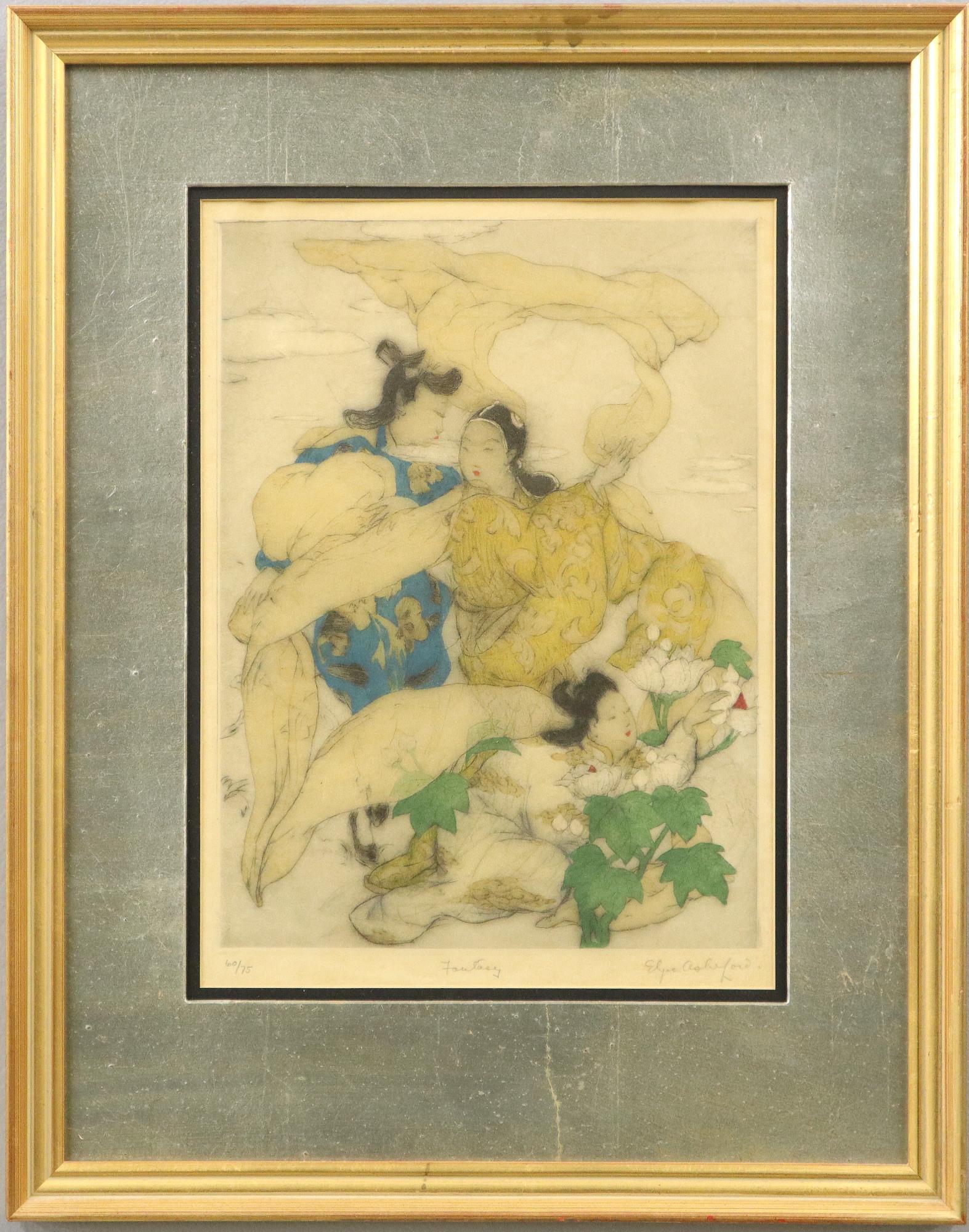 Elyse Ashe Lord Drypoint: Elyse Ashe Lord, British, 1900-1971. Drypoint with watercolors entitled ''Fantasy". Signed in pencil lower right "Elyse Ashe Lord" titled "Fantasy" lower center and numbered "60/75" lower left. Light 