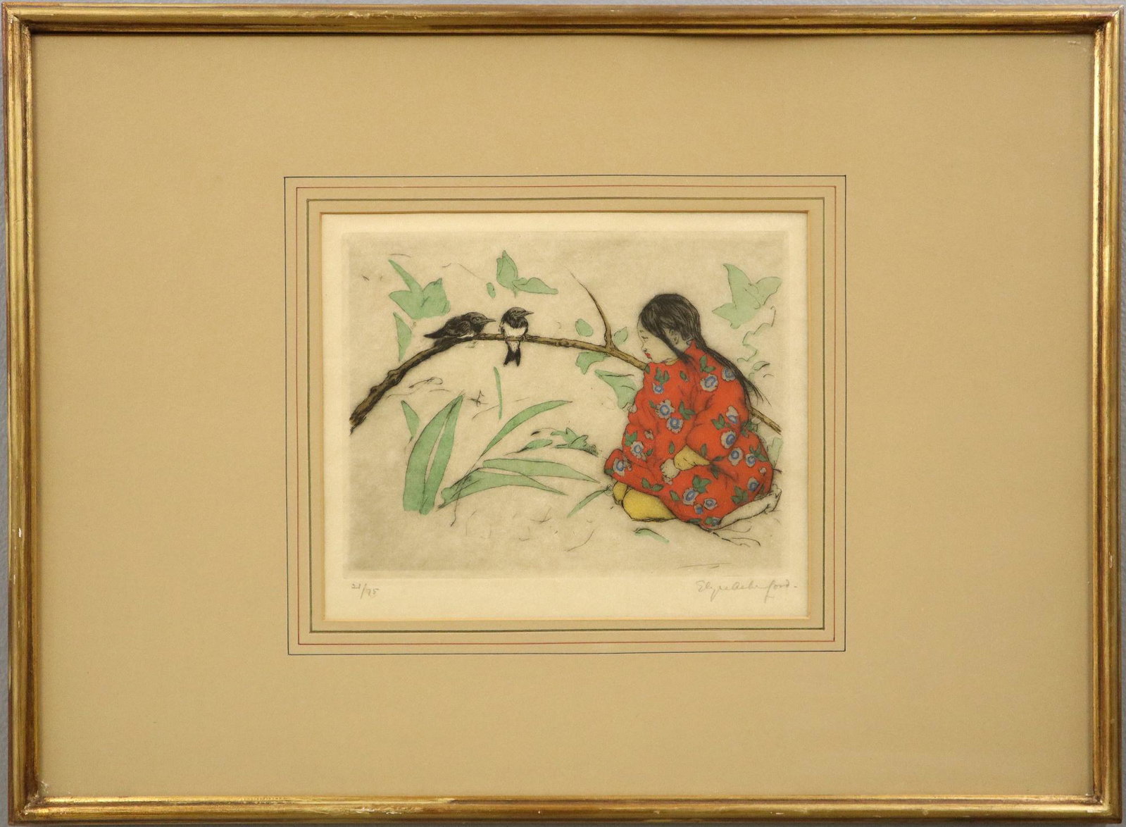 Elyse Ashe Lord Drypoint: Elyse Ashe Lord, British, 1900-1971. Drypoint with watercolors entitled ''Young Chinese Girl with Birds''. Signed in pencil lower right "Elyse Ashe Lord" and numbered "21/75" lower left. No damage not