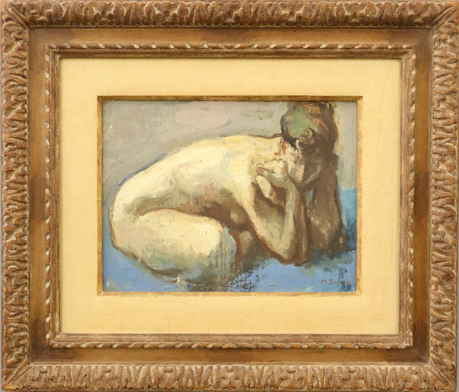 Moses Soyer Nude: Moses Soyer, Russian/American, 1899-1974. Oil on canvas depicting an almost impressionist style female nude. Signed "M. Soyer" at the lower right. Overall condition is good. 16 x 12" h, in a carved wo