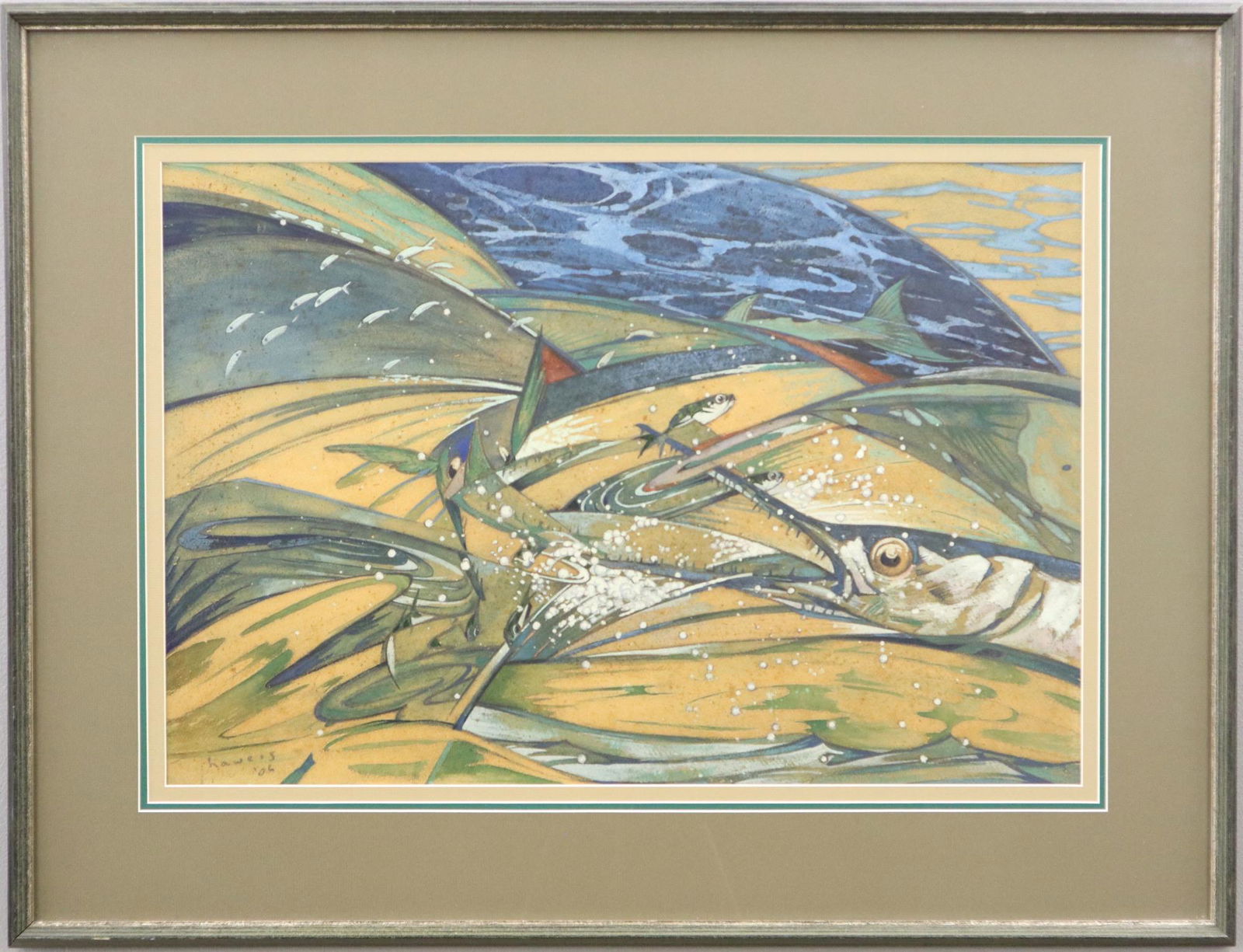 Stephen Haweis Fish: Stephen Haweis, British, 1878-1969. Mixed media on heavy paper includes, pencil, watercolor, and gouache depicting fish feeding. Overall condition appears to be good. Signed and dated "'06" at the low