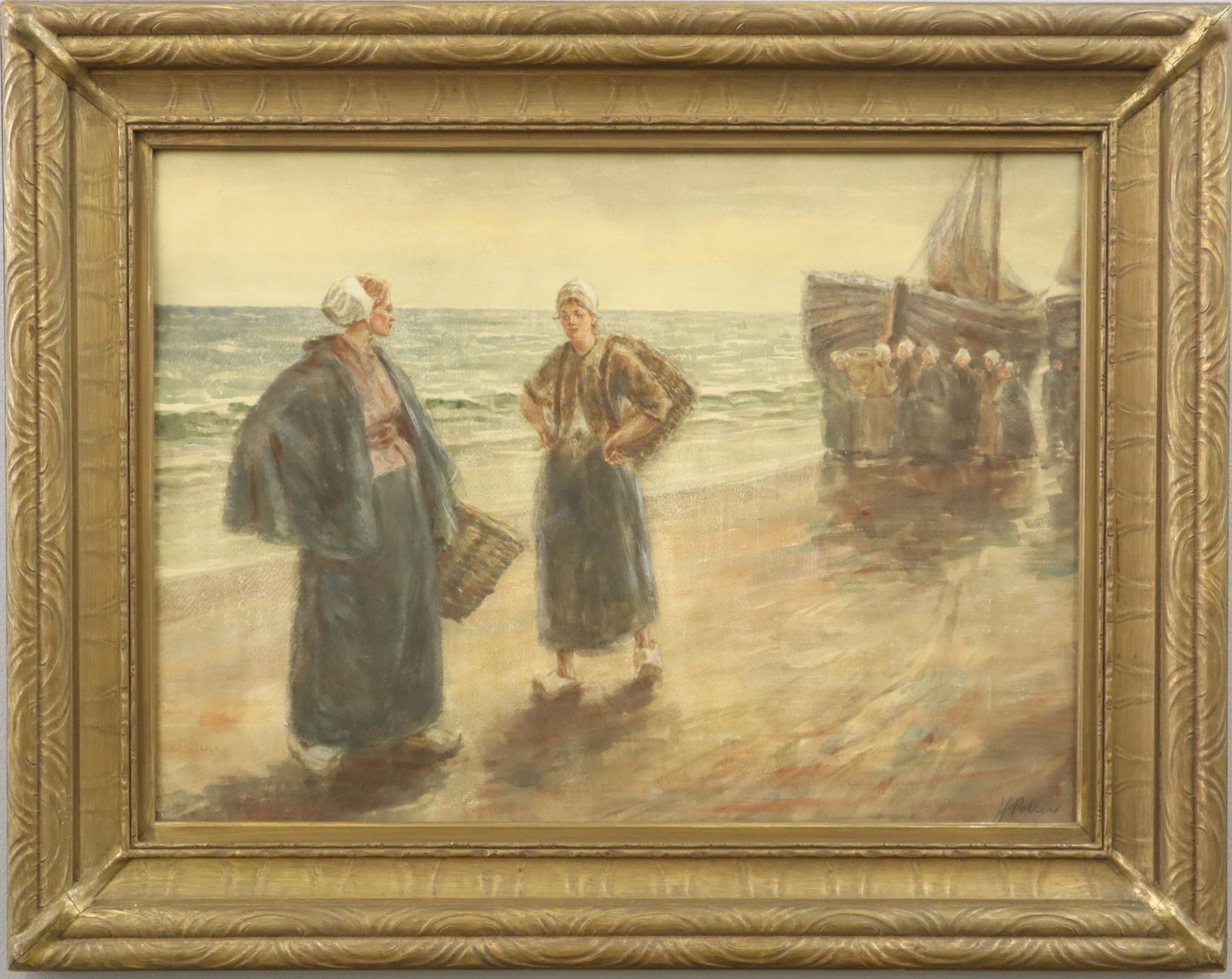 H. Polar Dutch Harbor Scene: A Late 19th-Early 20th Century Painting by H. Polar. Watercolor and gouache on paper depicting Dutch women on the shore, with a sailboat in the background. Signed "H. Polar" at the lower right. Some f