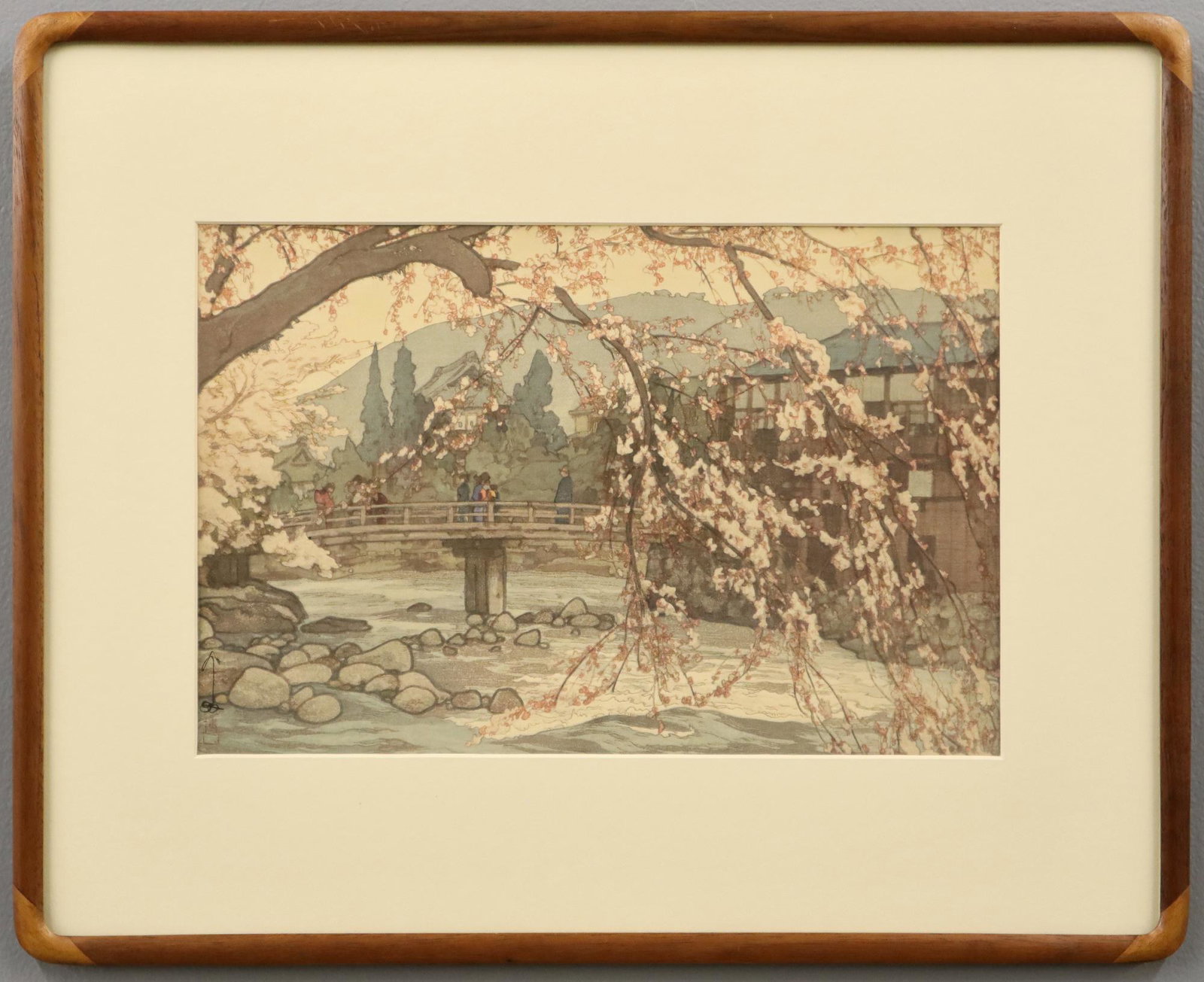 Hiroshi Yoshida Woodblock: Hiroshi Yoshida, Japanese, 1876-1950. Woodblock print on paper titled "Spring on a Hot Spring". Signed in the print at the lower left. Slightly muted/faded color, some minor rippling. Sight is 14 x 9 