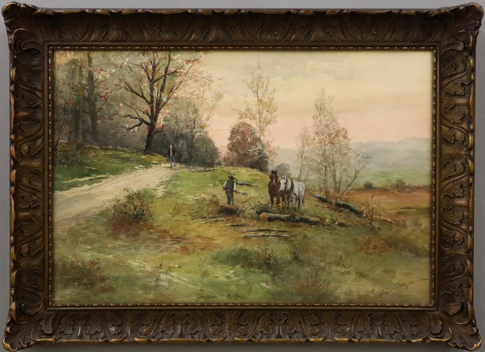J.C. Claghorn Landscape: Joseph Conover Claghorn, American, 1869-1947. Watercolor with some gouache on paper depicts a rural landscape, with a man walking on a path and another chopping wood beside a team of horses. Signed at