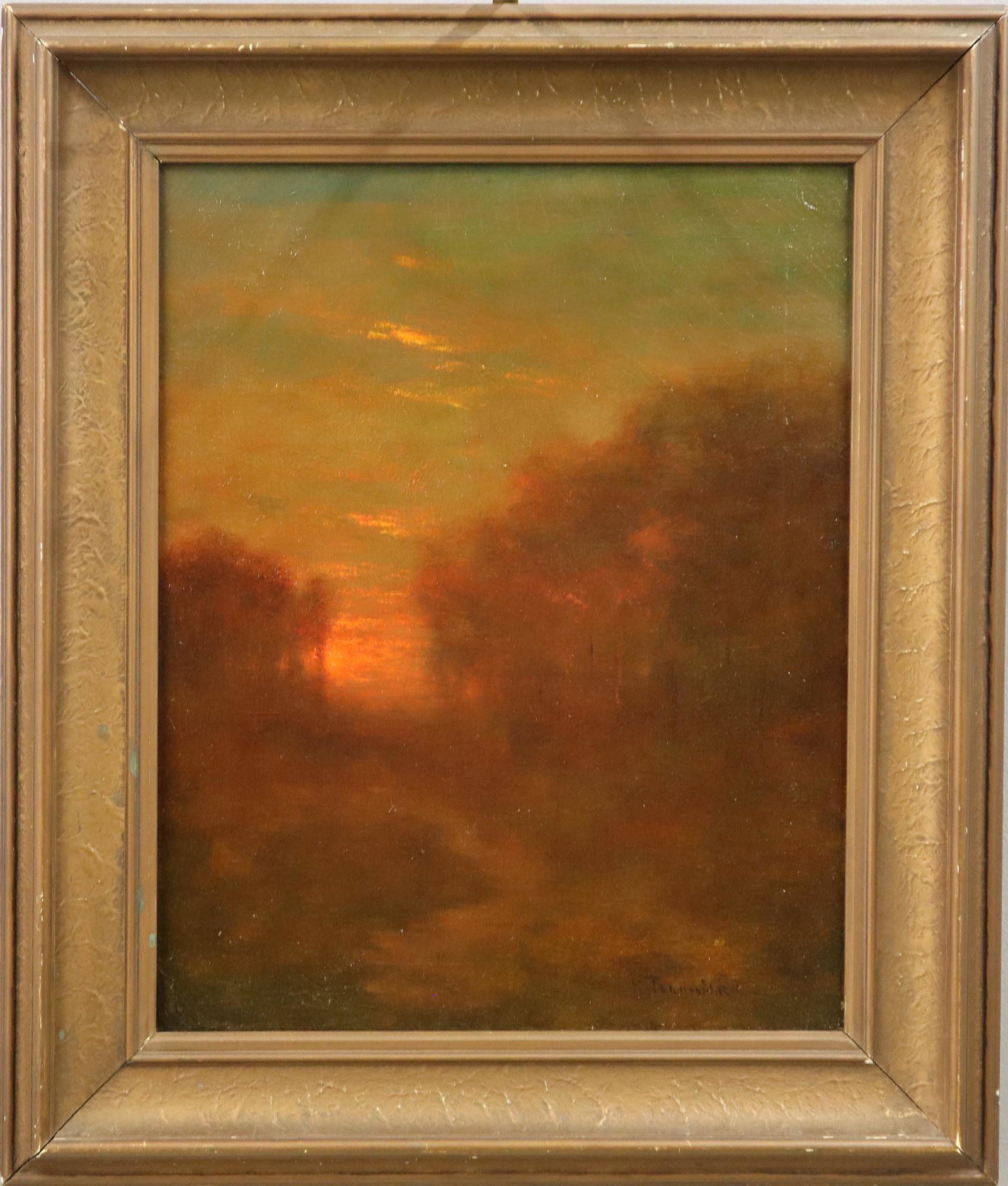 Karl Emile Termohlen Landscape: Karl Emil Termohlen, Danish/American, 1863-1938. Oil on canvas entitled "No. 1 Sunset" Tonalist landscape depicts an orange sun setting distantly beyond a grove of trees that have been painted red by 