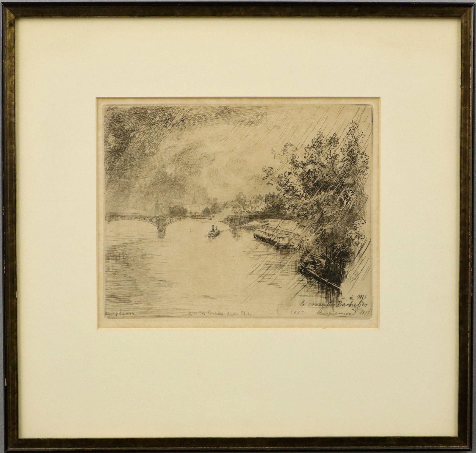 Felix Bracquemond Etching: Felix Bracquemond, French, 1833-1914. Etching on paper entitled "Vue du Pont des Saints-Peres", 1877. Inscribed in plate, within image, at the lower left "Imp. Salmon", along with "a Mr. / le Conseill