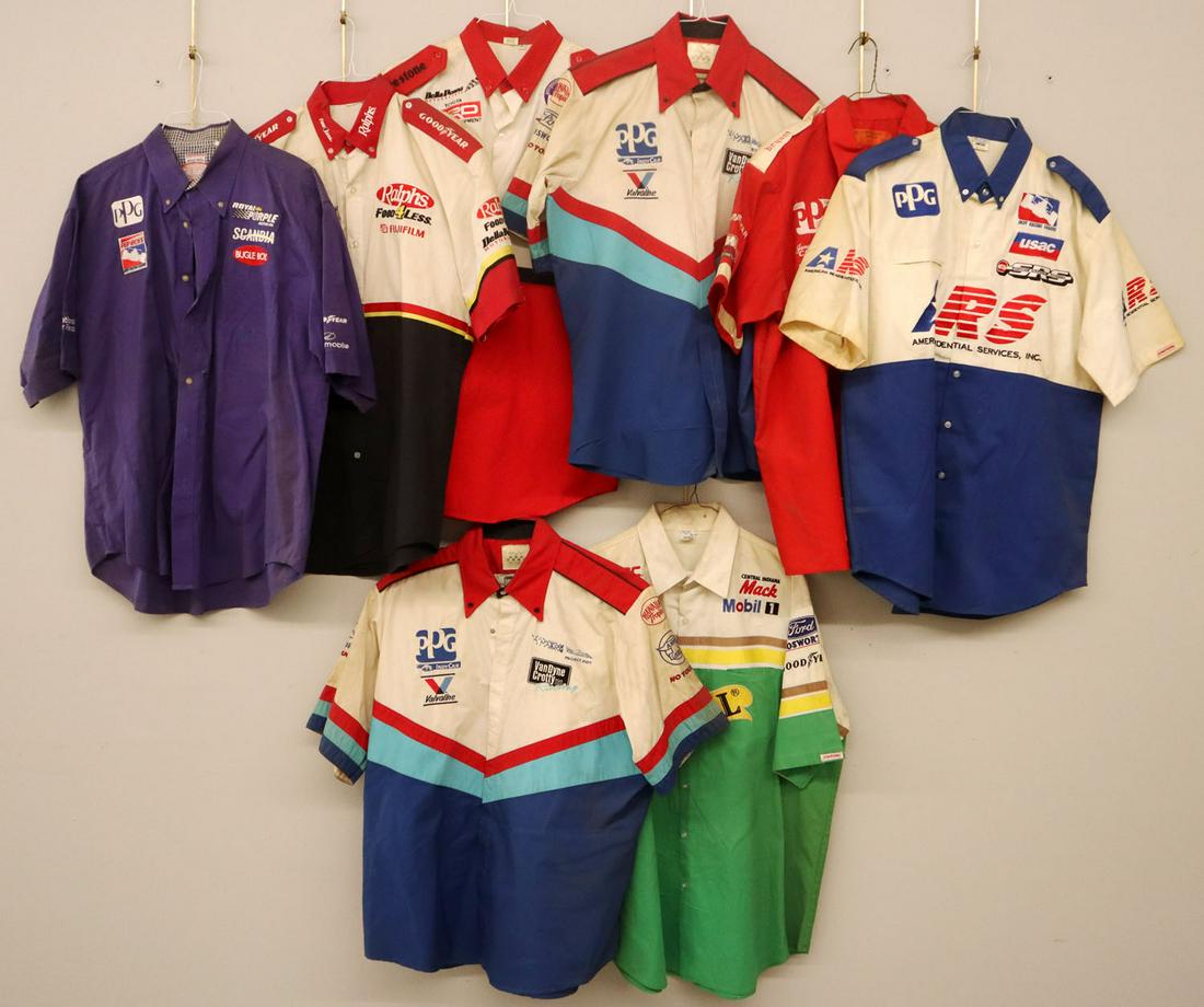 8 Race Crew Shirts: Eight 1980s-90s race crew shirts. Short sleeves with various sponsor logos. Some wear. Size Large and Extra Large. ESTIMATE $100-200