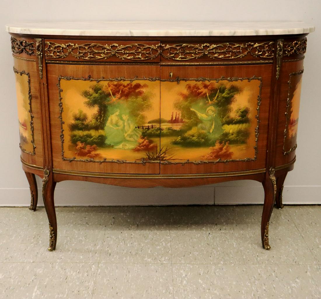 Louis XV Style Mahogany Console: A late 20th century Louis XV style mahogany console. Having painted front and side panels with two doors that open to reveal a half deep shelf with gallery, gilt metalwork and a marble top in peach an