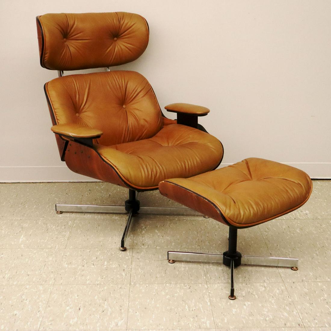 Plycraft Chair & Ottoman: A mid-20th century Plycraft bentwood armchair & ottoman. Having stainless steel bases with button-tufted brown vinyl upholstery. Minor scratches and wear to original finish. The chair is 30 x 30 x 38"
