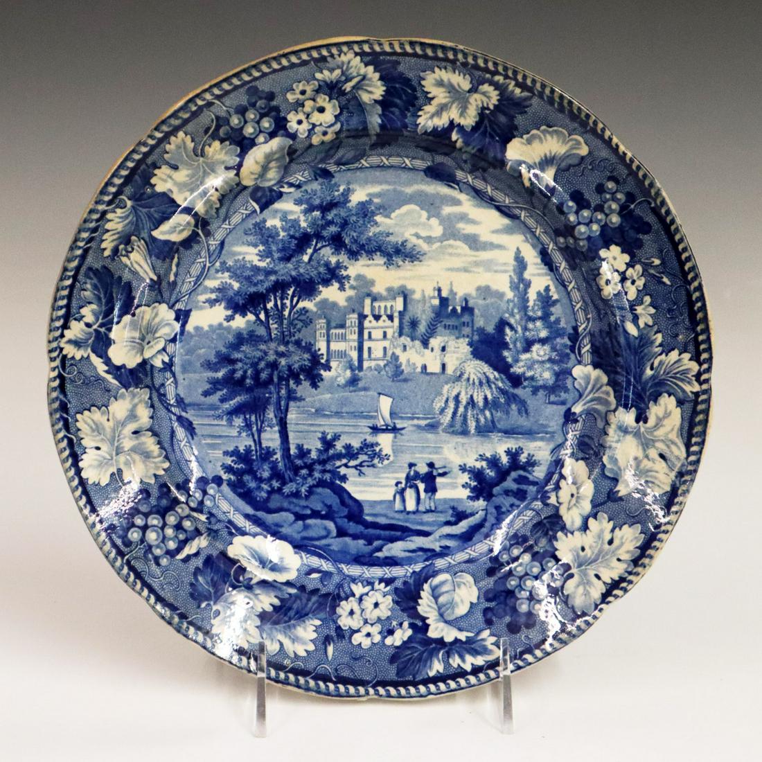 Enoch Wood & Sons Plate: A 19th Century Enoch Wood & Sons Transferware Plate. Blue and white plate entitled "Guys Cliff Warwickshire". Minor discoloration to white background. 10" diameter. ESTIMATE $50-100