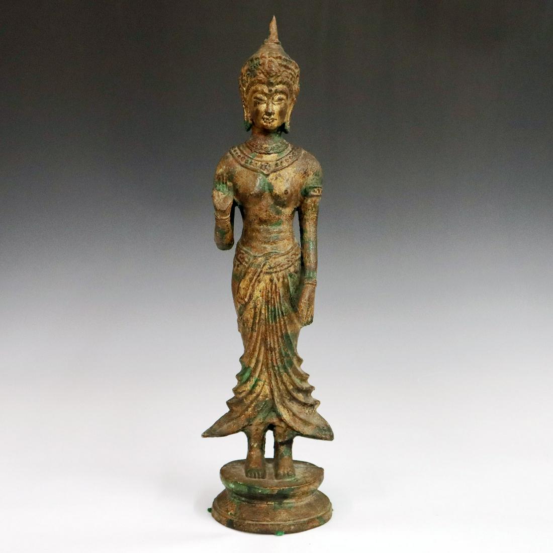 Cast iron Bodhisattva: A Modern Cast Iron Bodhisattva. Depicting in a standing position, with gilt finish overall. Minor wear. 20 1/2" high.ESTIMATE $50-$100