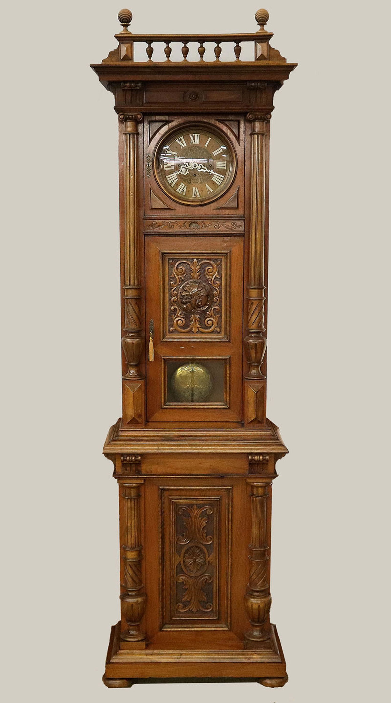 30 Day Vienna Regulator Floor Clock: A late 19th century Vienna Regulator floor clock by F. Tradnick, Wien, 1882. 30-day weight driven movement, with Grande Sonnerie quarter hour strike, carved wooden dial with Roman numerals and brass b
