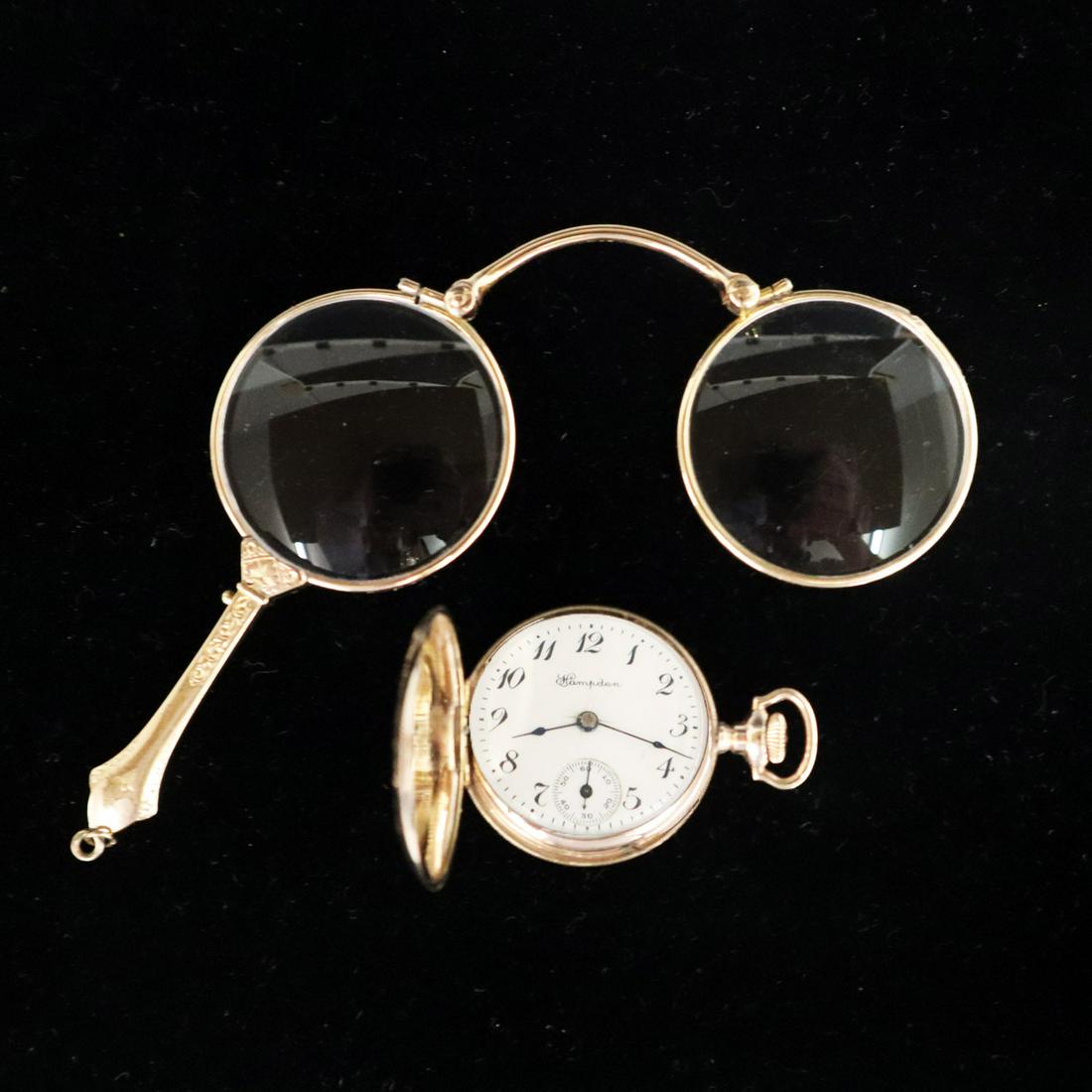 Gold Filled Lorgnette & Pocket Watch: An Early 20th Century Gold Plated Lorgnette & Pocket Watch. Including 1 Art Deco era Lorgnette together with 1 Hamilton Watch Co. "Molly Stark" "O" size, 7 jewel, lever set ladies watch with engraved 