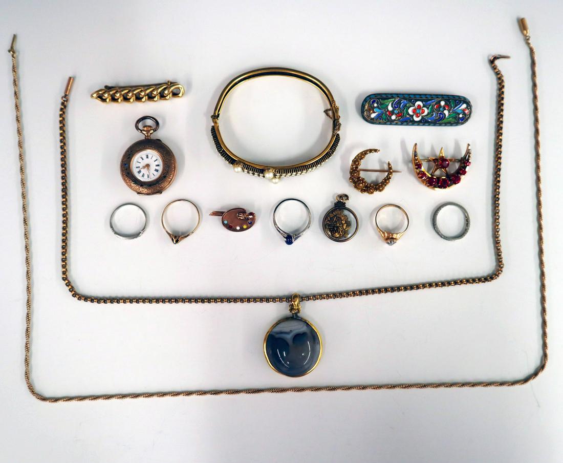 Collection of Gold Filled & Silver Jewelry: A Collection of Gold Filled & Silver Jewelry. Including a silver enamel brooch, 5 rings with various stones, 2 pendants including one with a chain, 2 crescent brooches, a bar pin, a small brooch in th