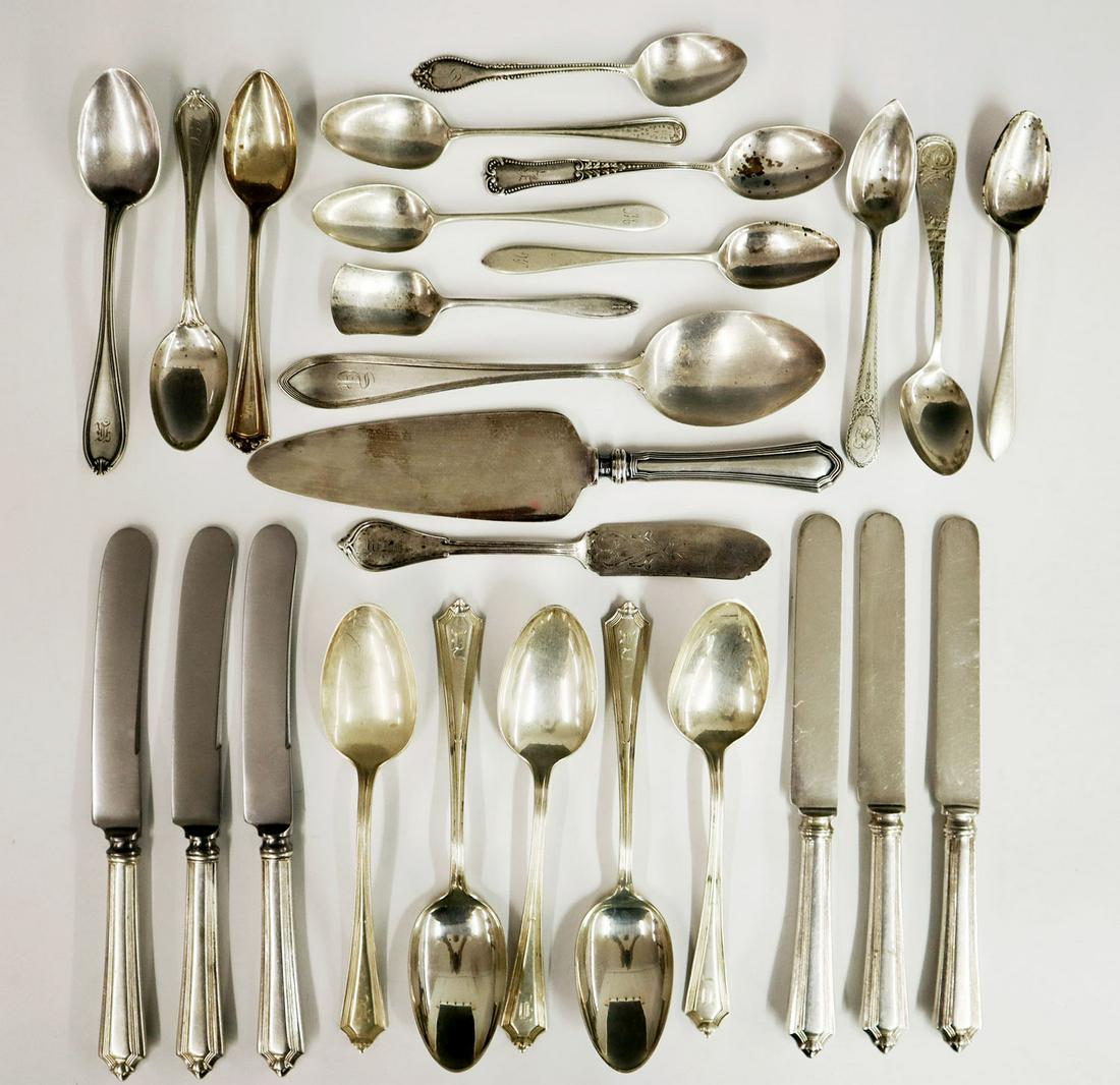 Sterling Flatware: A Collection of Twenty-Five Pieces Sterling Silver Flatware. Including 11 pieces of Gorham "Plymouth" pattern along with various spoons and knives. Tarnish and minor wear. Up to 8 1/2" long. 16.81 tro