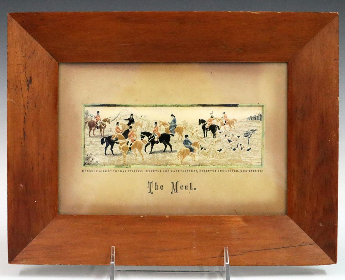 Stevengraph: Thomas Stevens, British, 1828-1988. A late 19th century Woven silk Stevengraph framed bookmark entitled "The Meet" in Period Mat and frame with "Woven in silk by Thomas Stevens, Inventor and Manufactu