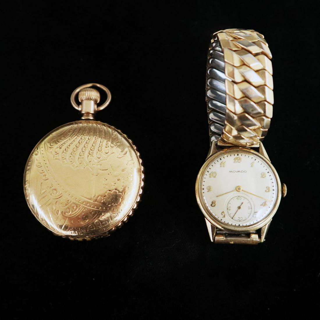 2 Watches: Two Late 19th to Early 20th Century Watches. Gold filled watches include an American Waltham stem set Hunter's case pocket watch with engraving that reads "Robert C. Johnson June 22, 1899" and a Movad