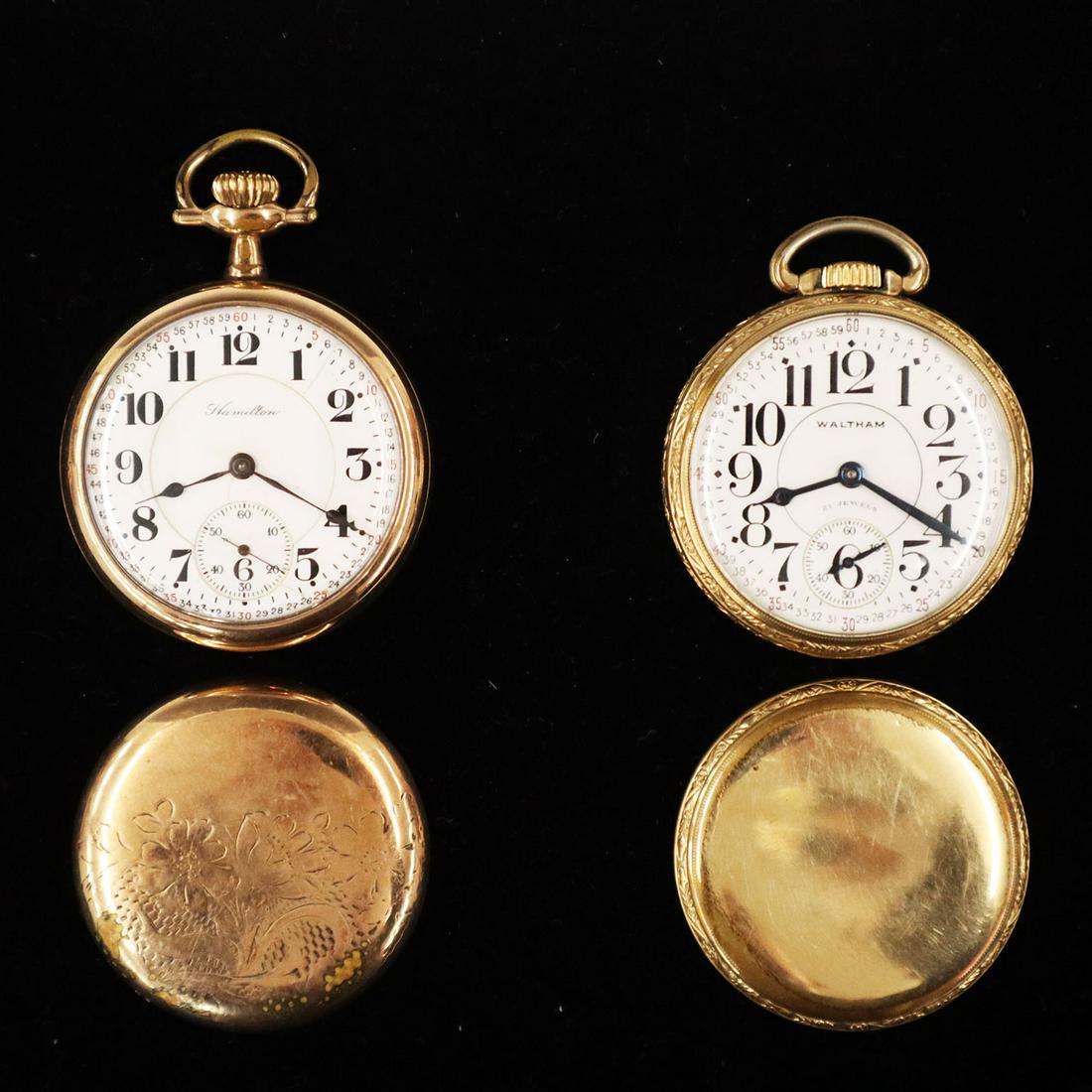 2 Railroad Type Watches: Two Gold Filled Railroad Type Watches. Including a Hamilton 21 Jewel lever set in a South Bend "Panama" screw back case and a Waltham 21 Jewel lever set in a Star Watch Case Co. screw back case. Wear 