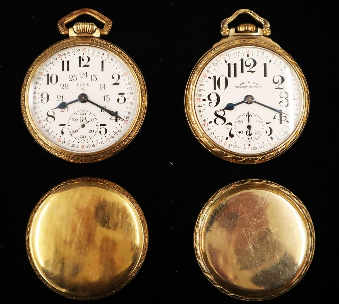 2 Railroad Type Watches: Two Gold Filled Railroad Type Watches. Including an Elgin 17 jewel stem set with a Montgomery dial in a Keystone screw back case and a Hamilton 21 jewel lever set in a Hamilton screw back case. Minor 