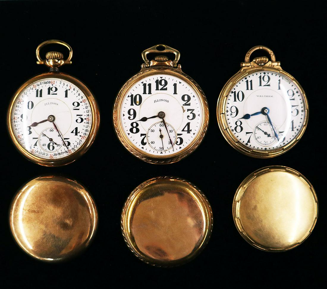 3 Railroad Type Watches: Three Gold Filled Railroad Type Watches. Including an Illinois 21 jewel lever set in a B & B "Royal Screw back" case, an Illinois "Bunn Special" 21 jewel lever set in a Wadsworth screw back case, and 
