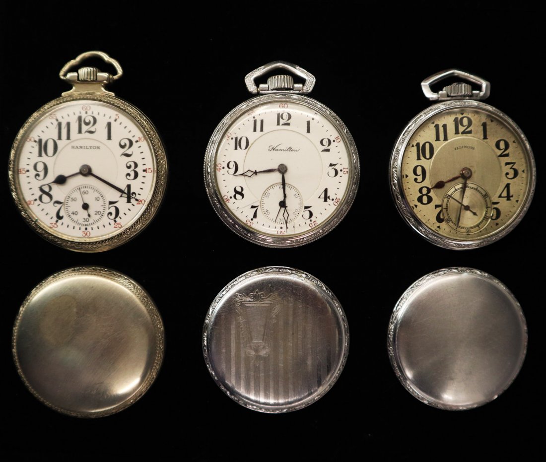 3 Railroad Type Watches: Three Railroad Type Watches. Including a Hamilton 21 jewel lever set in a Star Case Co. screw back case, a Hamilton 21 jewel lever set in a Defiance screw back case, and an Illinois 21 jewel "Bunn Spe