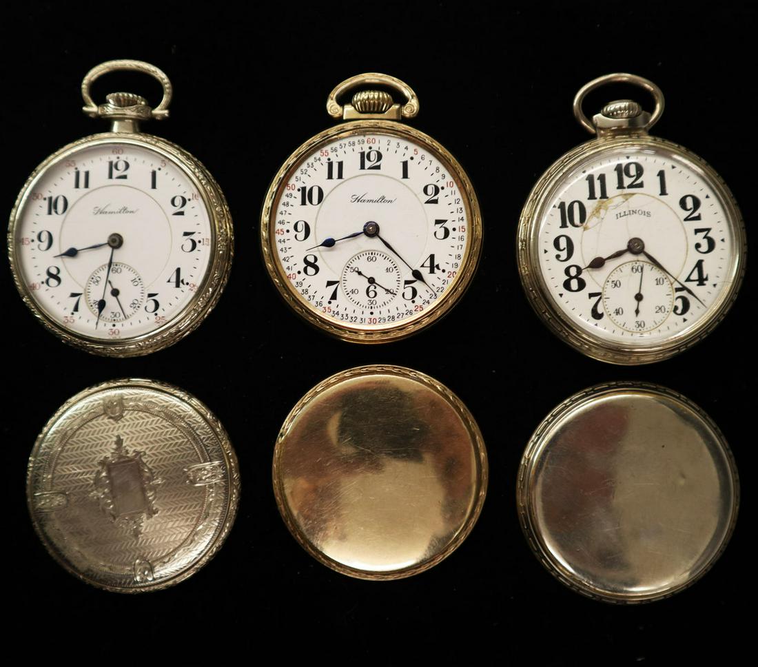 3 Railroad Type Watches: Three Gold Filled Railroad Type Watches. Including a Hamilton 21 jewel lever set in a Wadsworth screw back case, a Hamilton 21 jewel lever set in a Keystone screw back case, and an Illinois 21 jewel "