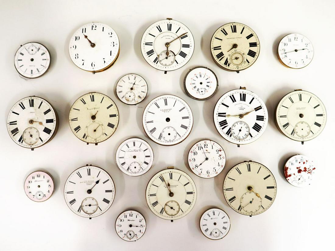 21 Watch Movements: Twenty-One late 19th to Early 20th Century American & English Watch Movements. Both wrist and pocket watch movements with porcelain dials; makers include Jas. Field, J.W. Benson, N.Y. Standard, Elgin,
