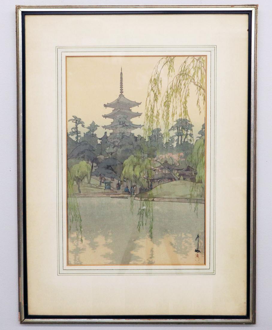 Hiroshi Yoshida Woodblock Print: Hiroshi Yoshida, Japanese, 1876-1950. Entitled "Sarusawa Pond" with a Pagoda and Weeping Willows in the background. Slight fading. Sight is 9 3/4 x 14 3/4 h, in a thin black and silver frame with some