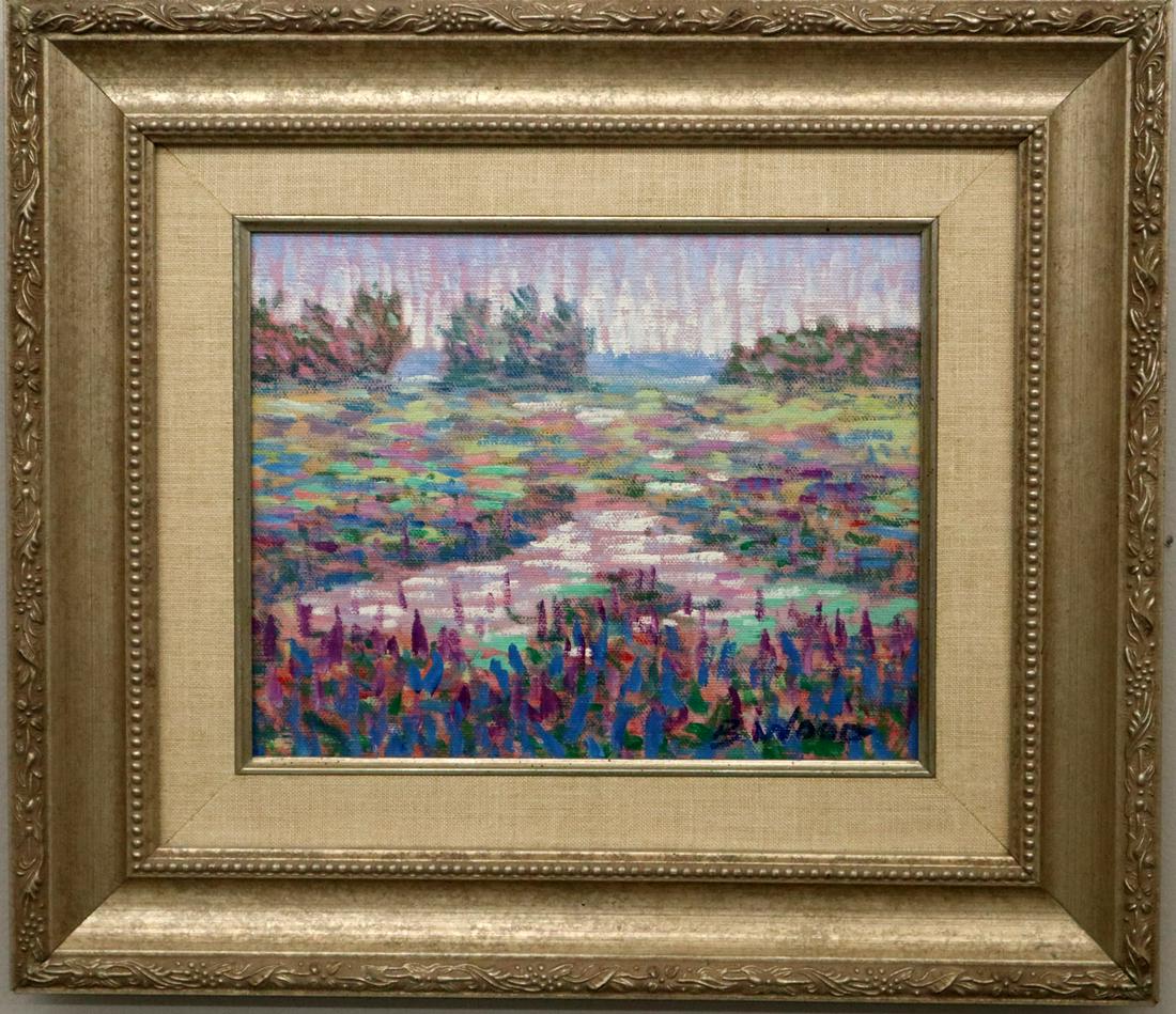 Bruce Wood Landscape: Bruce Wood, American (Massachusetts), 20th Century. Acrylic on canvas entitled "Garden Wetlands" which depicts an Impressionist style landscape in pastel tones; 1990. Signed at the lower right "B. Woo