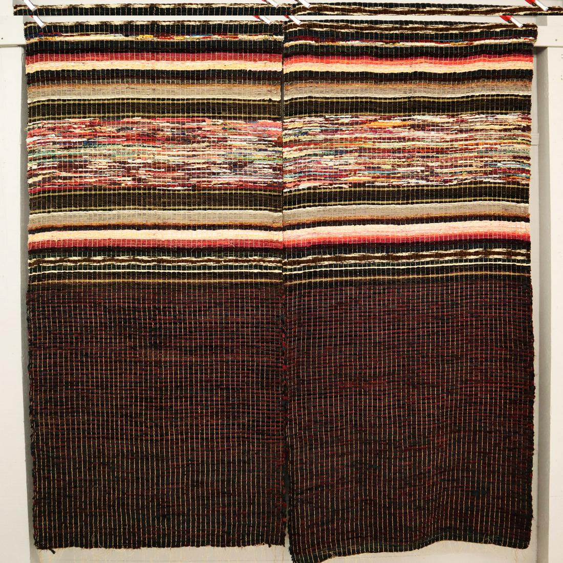2 Silk & Velvet Rag Rugs: Two Late 19th Century Silk & Velvet Rag Rugs. Rag rugs, or wall hangings, with dark to light striations above a dark single block of color. Hemmed at the top. Minor wear and slight fraying. 43 x 94" a