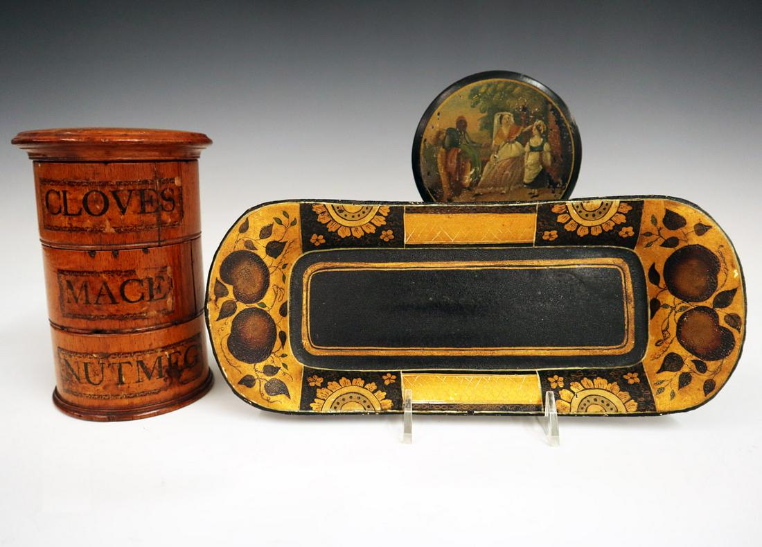 2 Boxes & a Tole Tray: Two Mid 19th Century Boxes & a Tole Tray. Consisting of 1 papier mache snuff box with a painted scene at the cover, 1 three compartment treenware spice box, and 1 rectangular tole tray with painted bo