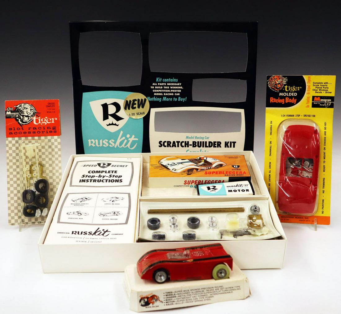 1960s Slot Car Model Kit Group: A 1960s Slot Car Model Kit Group. Includes "Russkit" 1/32 scale Superleggra, a Riggen Pro-Am "32" scale racer, a Monogram 1/24 scale Ferrari 275P body, and a Monogram 1/24 scale "Tiger" chassis kit. A