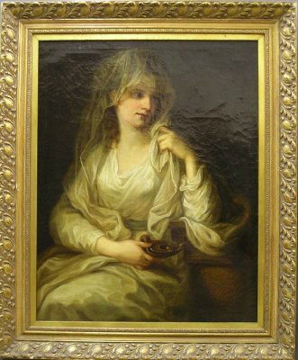 19th c Portrait o/c: A mid 19th century Oil on canvas portrait of a woman, possibly Marie Vagerden? (Inscribed on stretcher Dresden and dated 1858). Depicted in a veiled dress, with an early oil lamp in her hand. Some cra