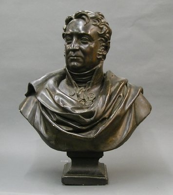 Plaster Bust: A turn of the century Plaster portrait bust of the Duke of Wellington. Bronze patinated finish with minor wear. 29" high.