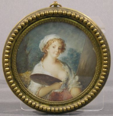 Portrait Miniature: A 19th century Miniature portrait of an artist. Artist depicted could be Elisabeth Vigee LeBrun or Angelica Kaufmann. Minor wear. 4" high.