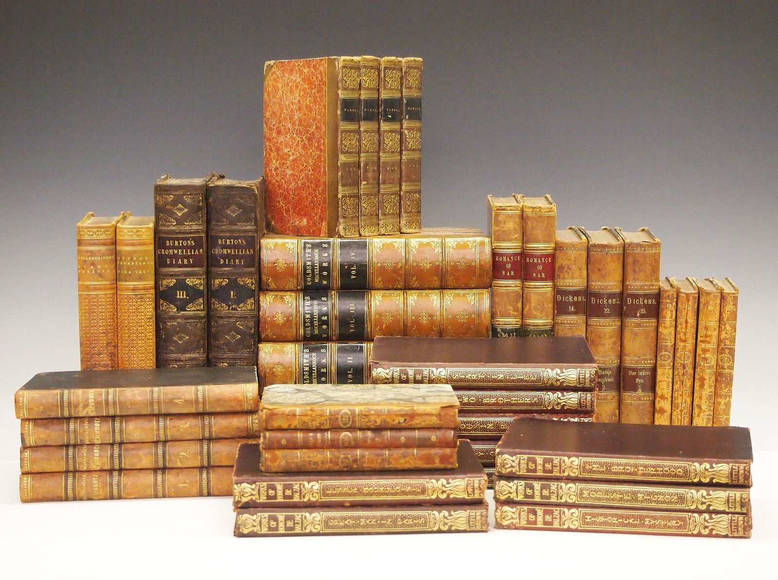 28 Vintage Leather Bound Books: Twenty Eight vintage leather bound books. Various authors and languages. Wear and some damage, some partial sets. ESTIMATE $200-300