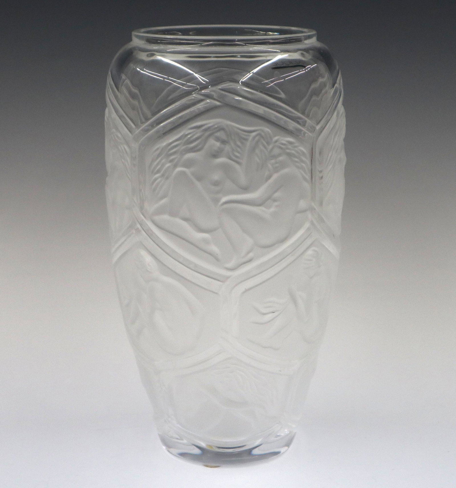 Lalique Vase: A Lalique Art Glass vase. Having hexagonal frosted panels depicting reclining nudes. Etched "Lalique France" mark along with clear vinyl "Lalique Paris" label. Good condition. 4 1/2 x 9 1/4" high. EST
