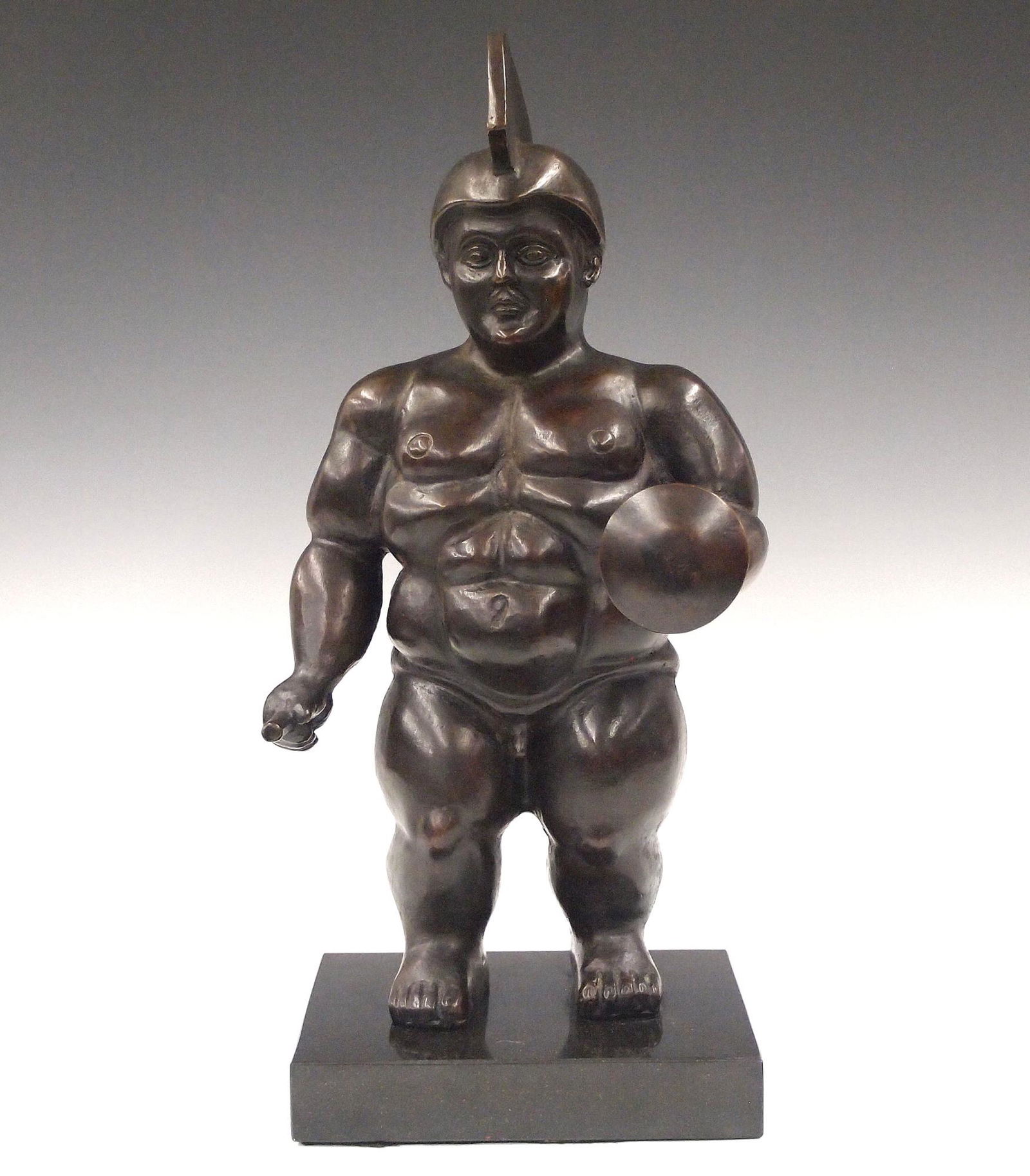 Fernando Botero Bronze Gladiator: After Fernando Botero, Columbian, b. 1932. A late 20th century bronze sculpture depicting a Gladiator with shield and weapon, on a black marble base. Signed at the right foot "Botero". Very minor wear