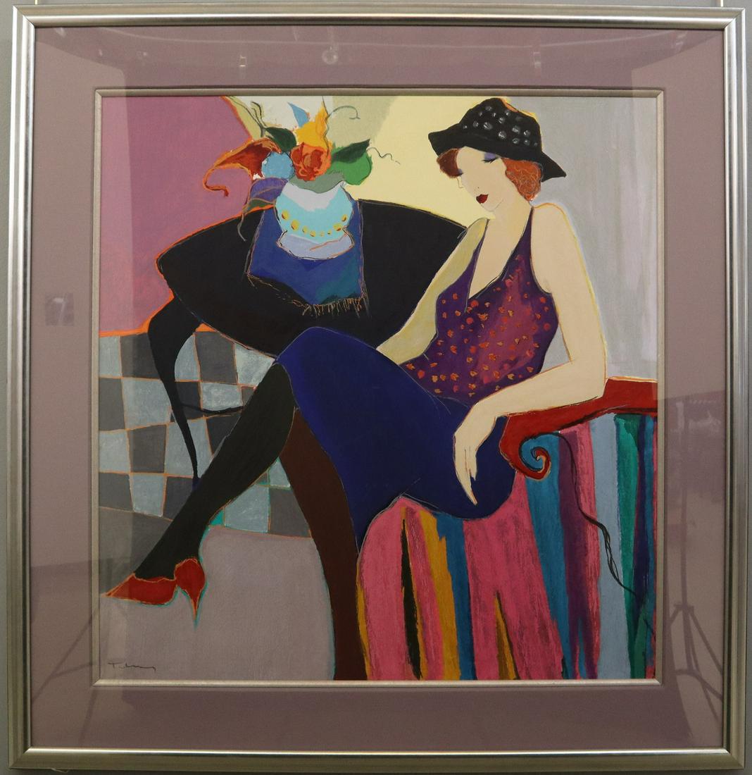 Itzchak Tarkay Serigraph: Itzchak Tarkay, Israeli, 1935-2012. Serigraph of a woman seated beside a table with fresh cut flowers. Signed "Tarkay" lower left. Good condition, not examined out of the frame. Image 36 1/24 x 37 3/4