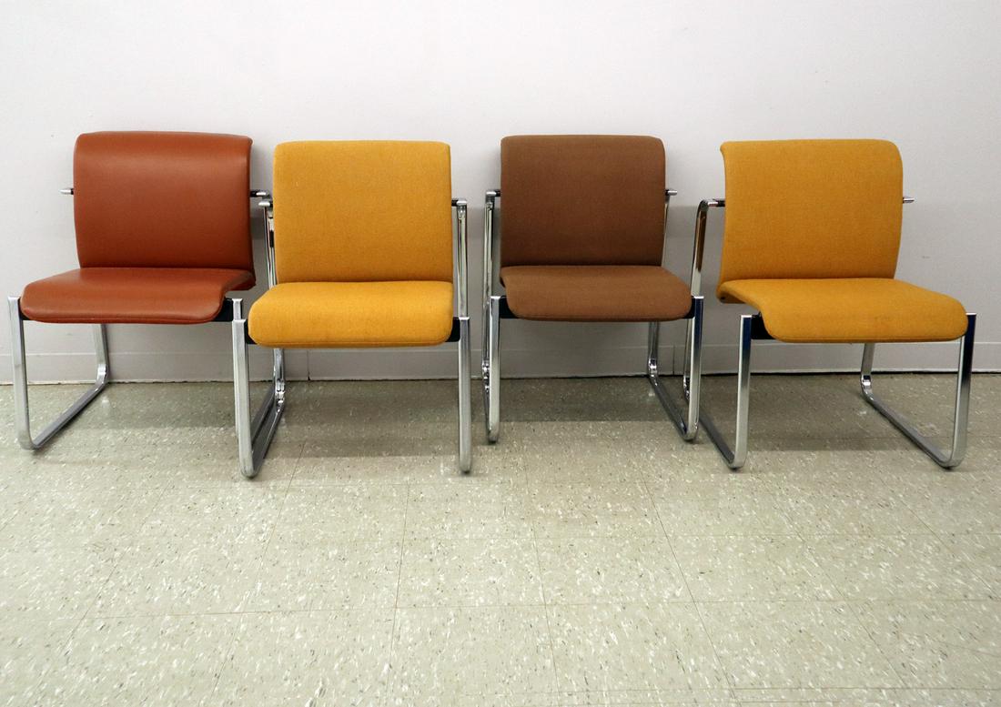 4 Peter Protzman for Herman Miller Chairs: Four Mid-century Chairs designed by Peter Protzman for Herman Miller. Having upholstered backs and seats in Brown tones with chrome tubular frames. Some light spotting and soiling to upholstery. 23 x 