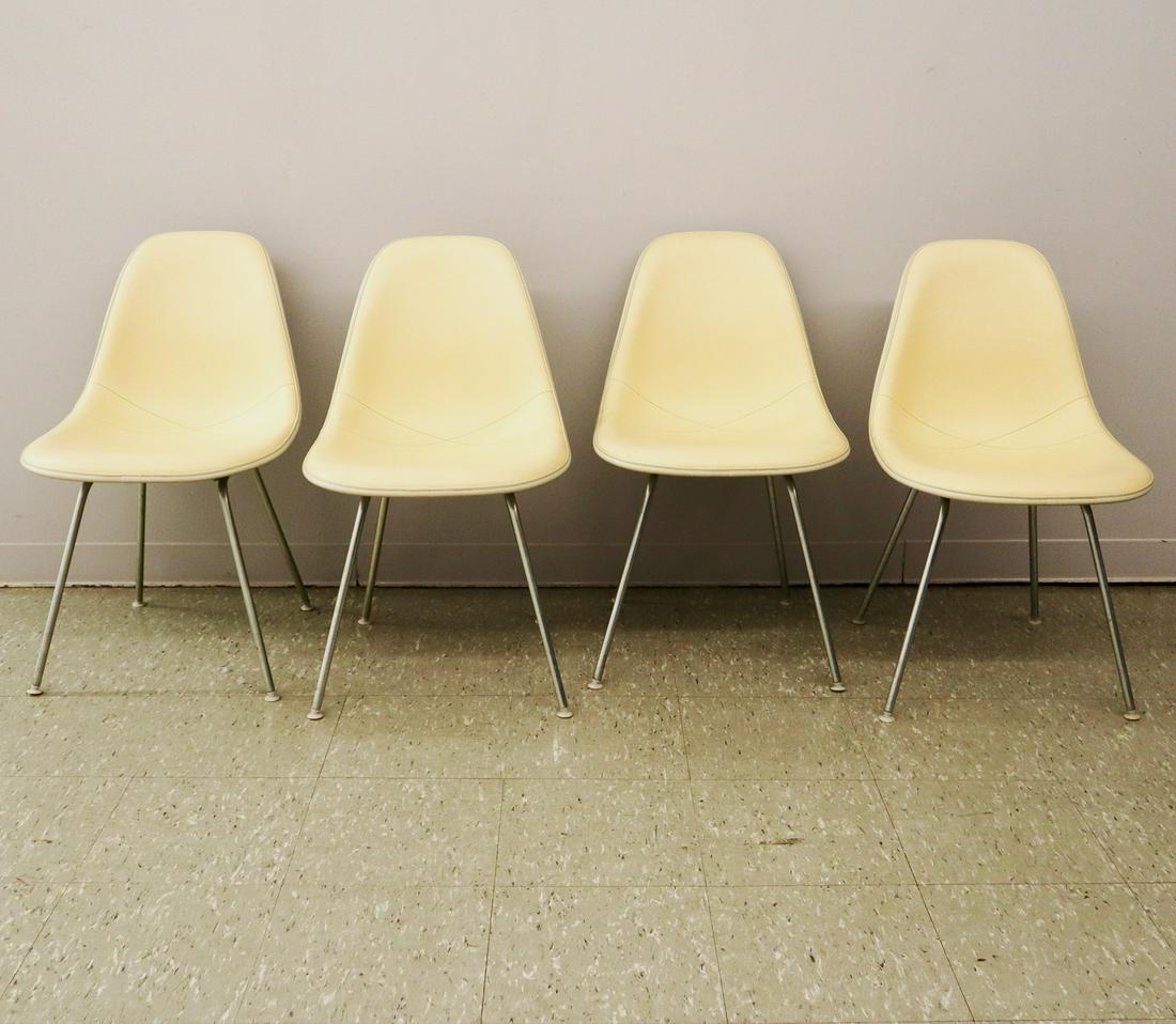 4 Eames DSX Side Chairs: Four Mid century "DSX" Side Chairs designed by Eames for Herman Miller. Each having ivory vinyl upholstered seats and backs over fiberglass and polished steel bases, marked with molded Herman Miller l