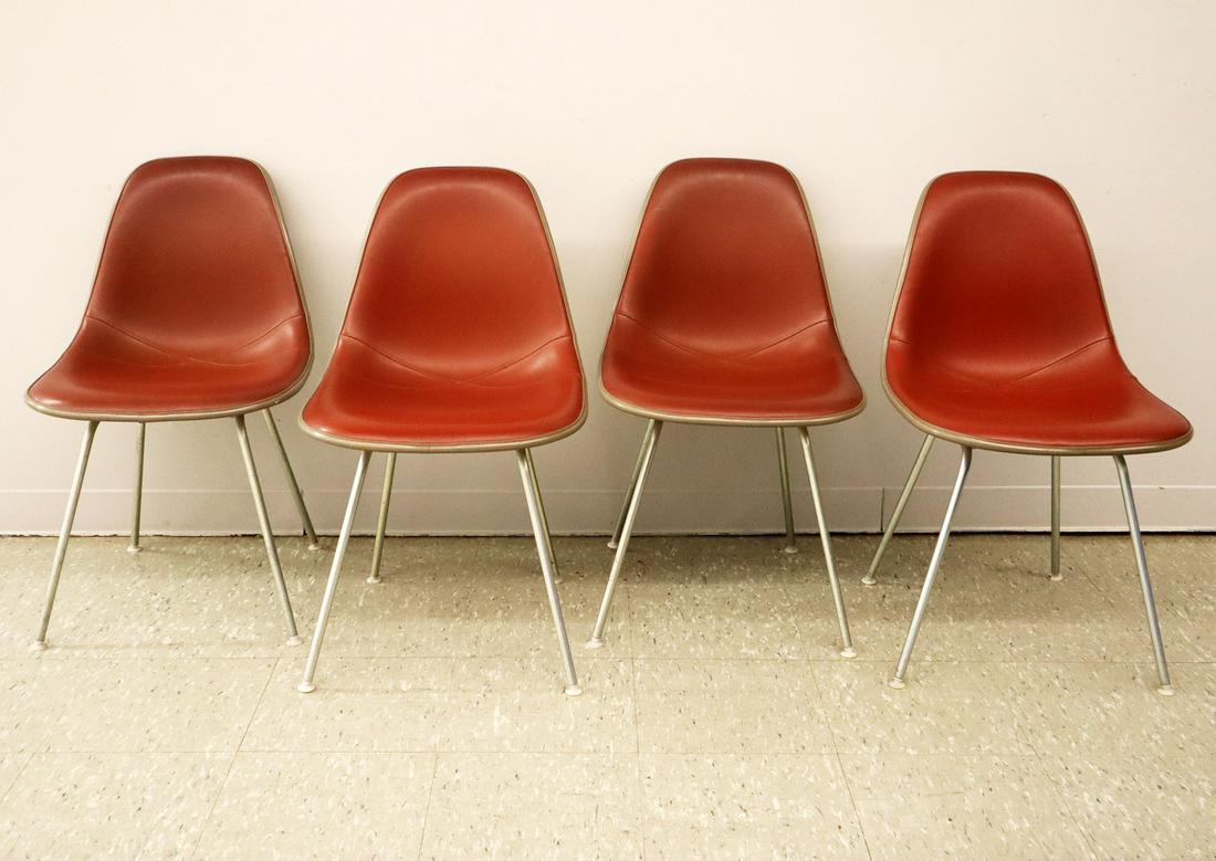 4 Eames DSX Side Chairs: Four DSX Side Chairs designed by Eames for Herman Miller. Each having brown vinyl upholstered seats over fiberglass and polished steel bases, marked with molded Herman Miller logo at the underside of 