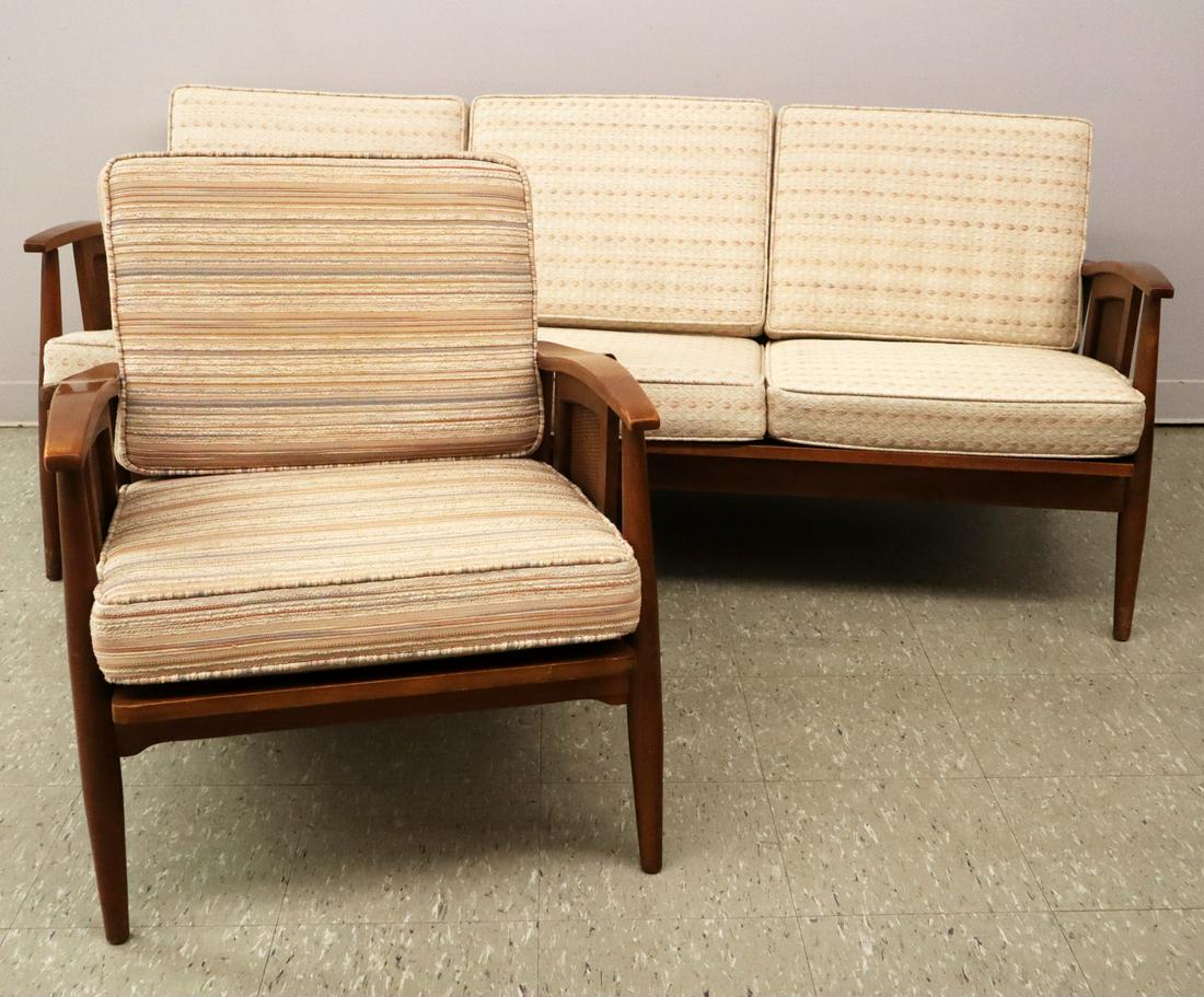 Mid-Century Tell City Furniture Sofa & Chair: A Mid-century Sofa & Chair by Tell City Furniture. Each is constructed of Walnut tone Maple with inset cane end detail and removable cushions. Includes paper label. Minor wear to finish, chair lacks s