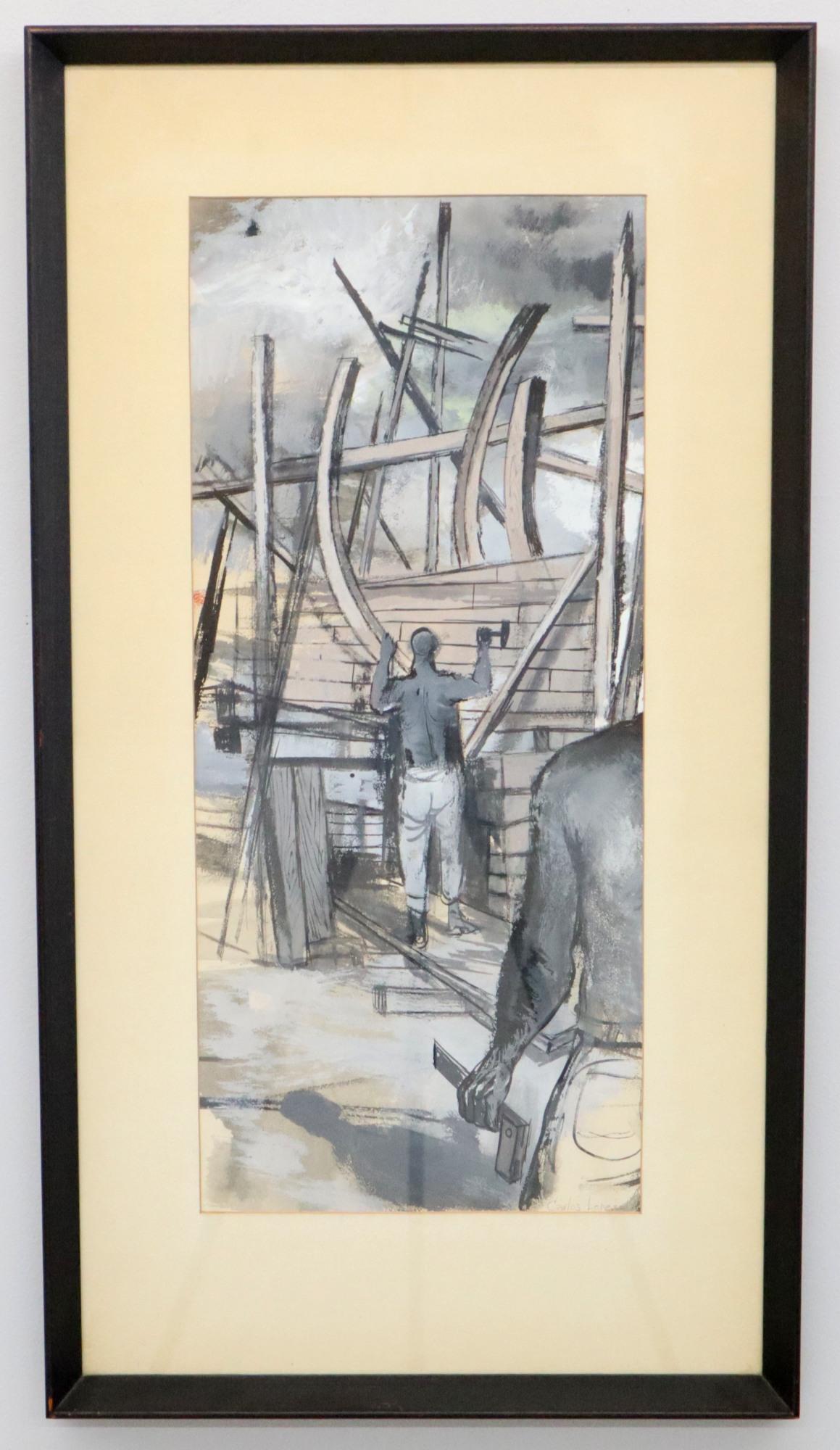 Carlos Lopez Watercolor & Gouache: Carlos Lopez, Cuban/American, 1908-1953. Watercolor and gouache on paper depicting ship builders. Pencil signed at the lower right. Overall condition is good. Image is 9 3/4 x 22 3/4" h, in a period p