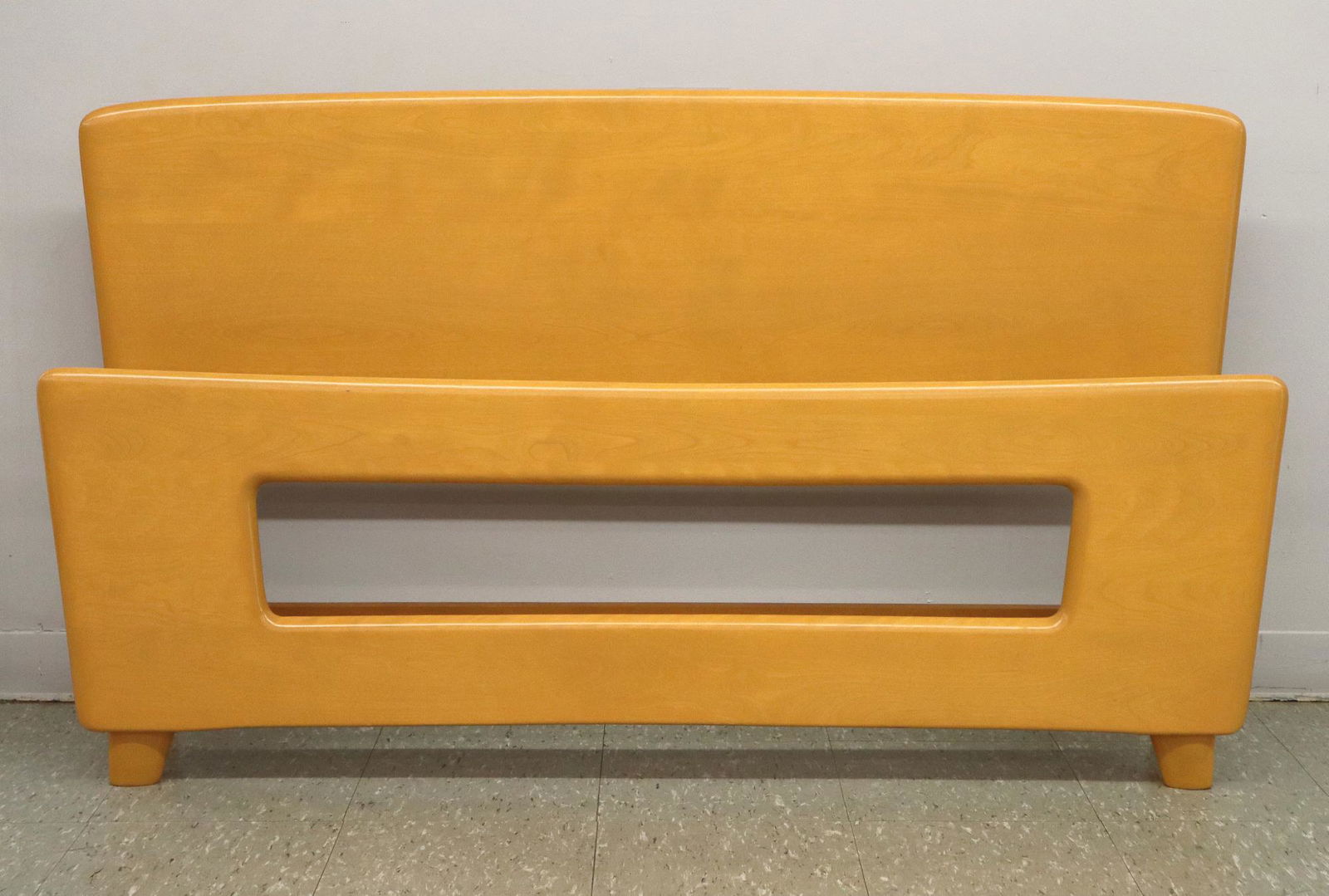 Haywood Wakefield "Dog Bone" Bed: A 1950's Haywood Wakefield "Dog Bone" Bed. Full size Maple bed with circular Haywood Wakefield mark and "530" at the back of the headboard. Refinished, minor wear. Headboard is 59 w x 34 1/2" high, si