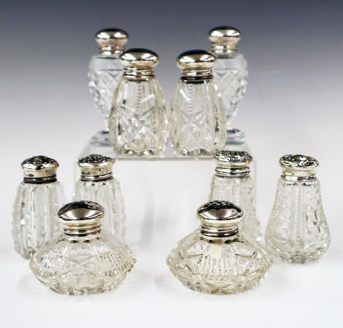 5 prs of Sterling & Cut Glass Salt & Pepper Shakers: Five Pairs of Late 19th to early 20th century Sterling & Crystal Shakers. American Brilliant Period cut glass shakers with Sterling tops are in numerous patterns and are by various makers. Some Sterli