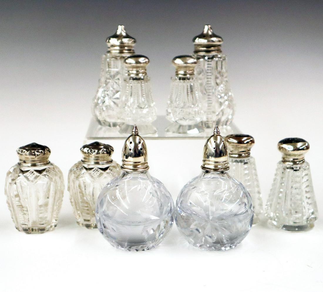 5 prs of Sterling & Cut Glass Salt & Pepper Shakers: Five Pairs of Late 19th to early 20th century Sterling & Crystal Shakers. American Brilliant Period cut glass shakers with Sterling tops are in numerous patterns and are by various makers. Some Sterli